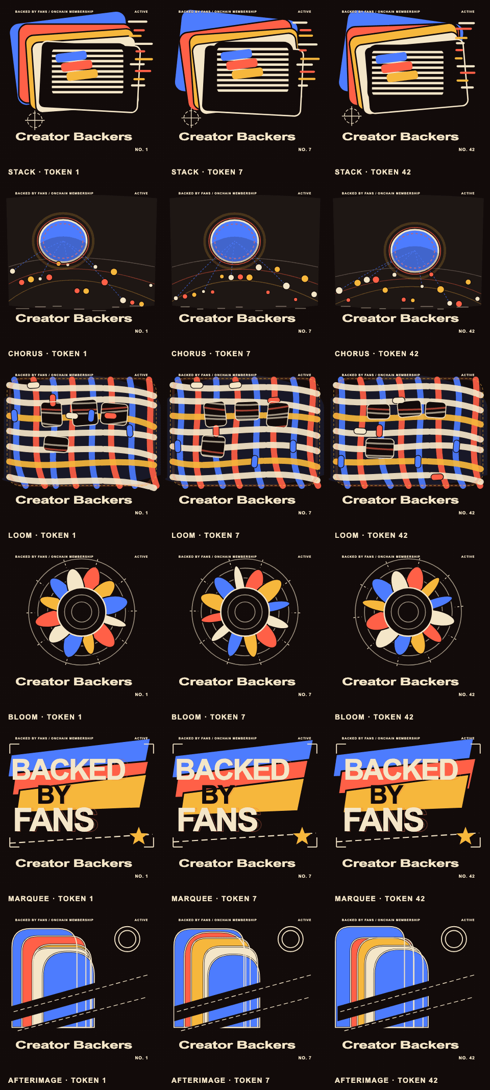 A gallery of Backed By Fans onchain membership renderer styles
